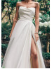 Strapless Ivory Pleated Satin Slit Sexy Wedding Dress